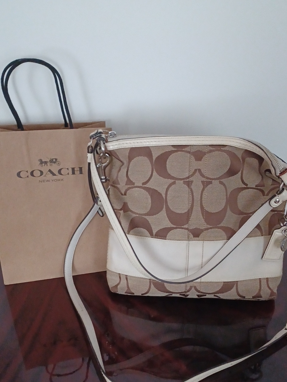 Coach Leather Brown and Cream Signature Canvas Crossbody